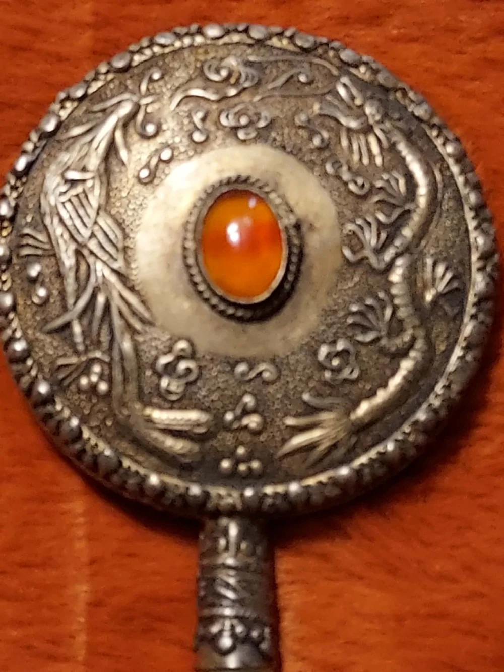 Vintage Chinoiserie Jade Handle Dragon Mirror Carnelian Silver Vanity Antique - Picture 2 of 12